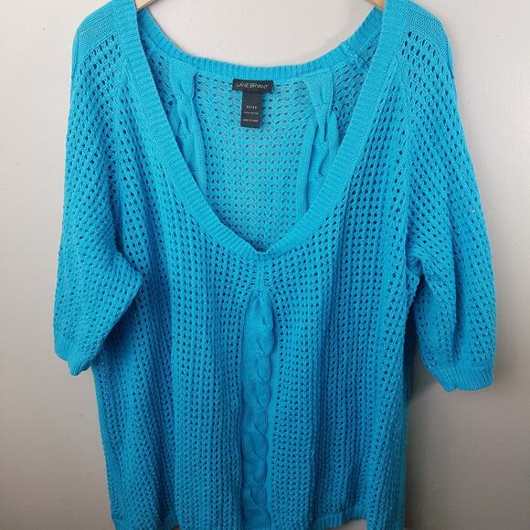 Lane Bryant Sweater Teal Open Knit V Neck 3/4 Sleeve Top Size 22/24 - Picture 8 of 11
